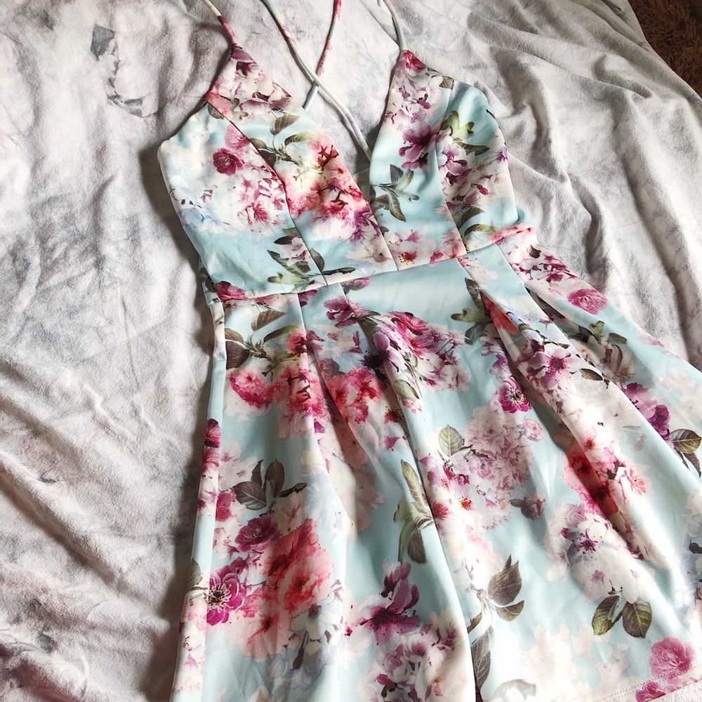 Sky Blue, Floral, Cross Back Mini Dress
